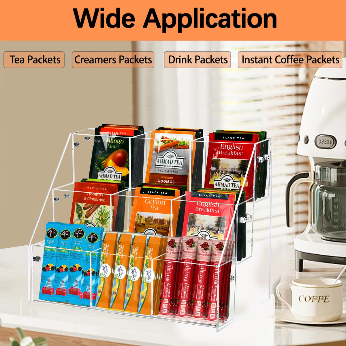Wuudy 3-tier tea display stand shows organized packets from a side angle.