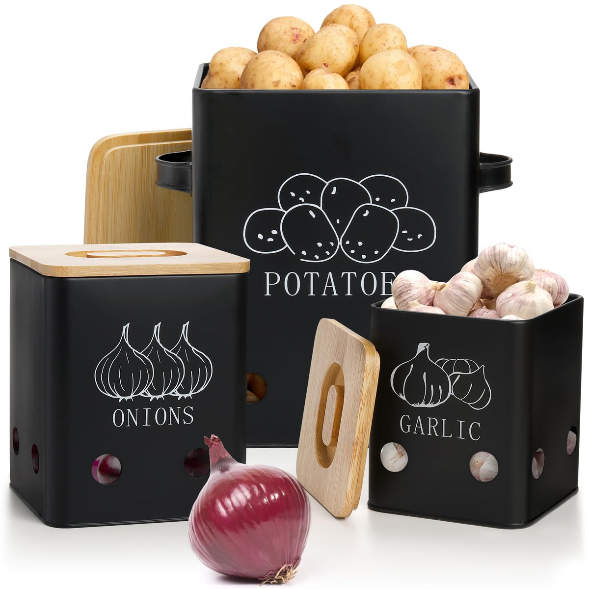 WUWEOT 3-pack storage tins with stackable design for organized produce on the counter