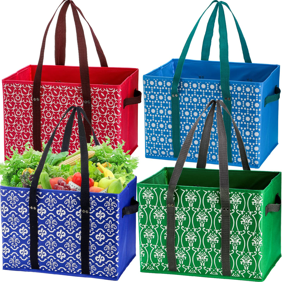 WUWEOT four-pack reusable grocery bags in assorted colors for everyday shopping