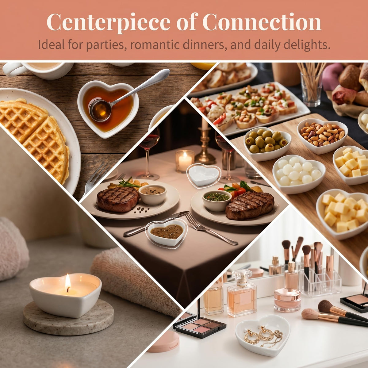 WUWEOT heart-shaped bowls used for condiments, dressings or jewelry dividers.