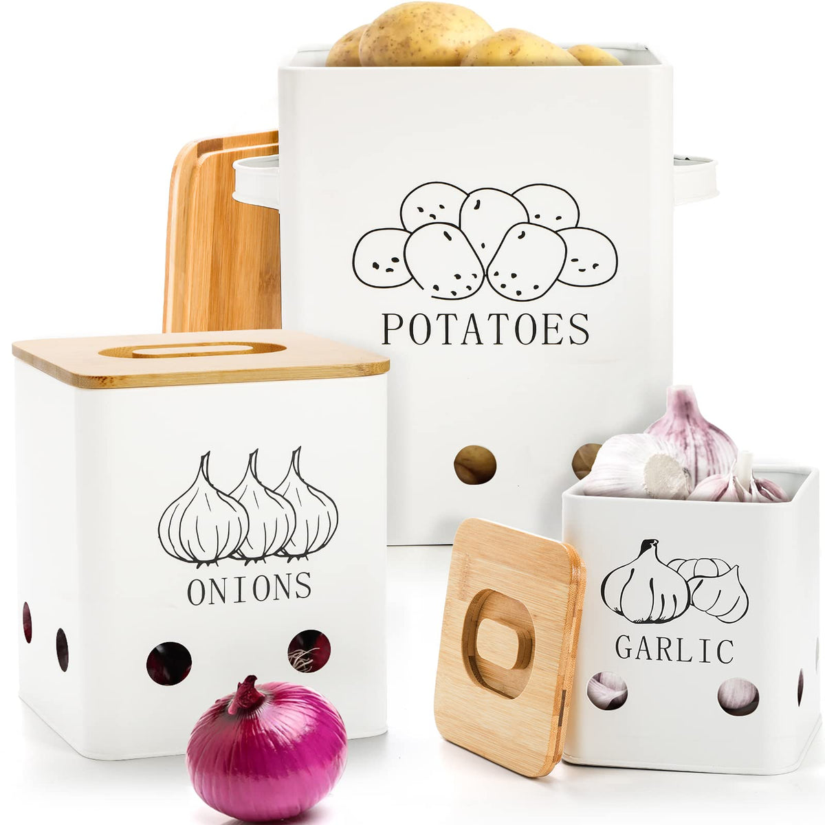 WUWEOT 3-pack vegetable storage tins organize your pantry and keep produce handy.