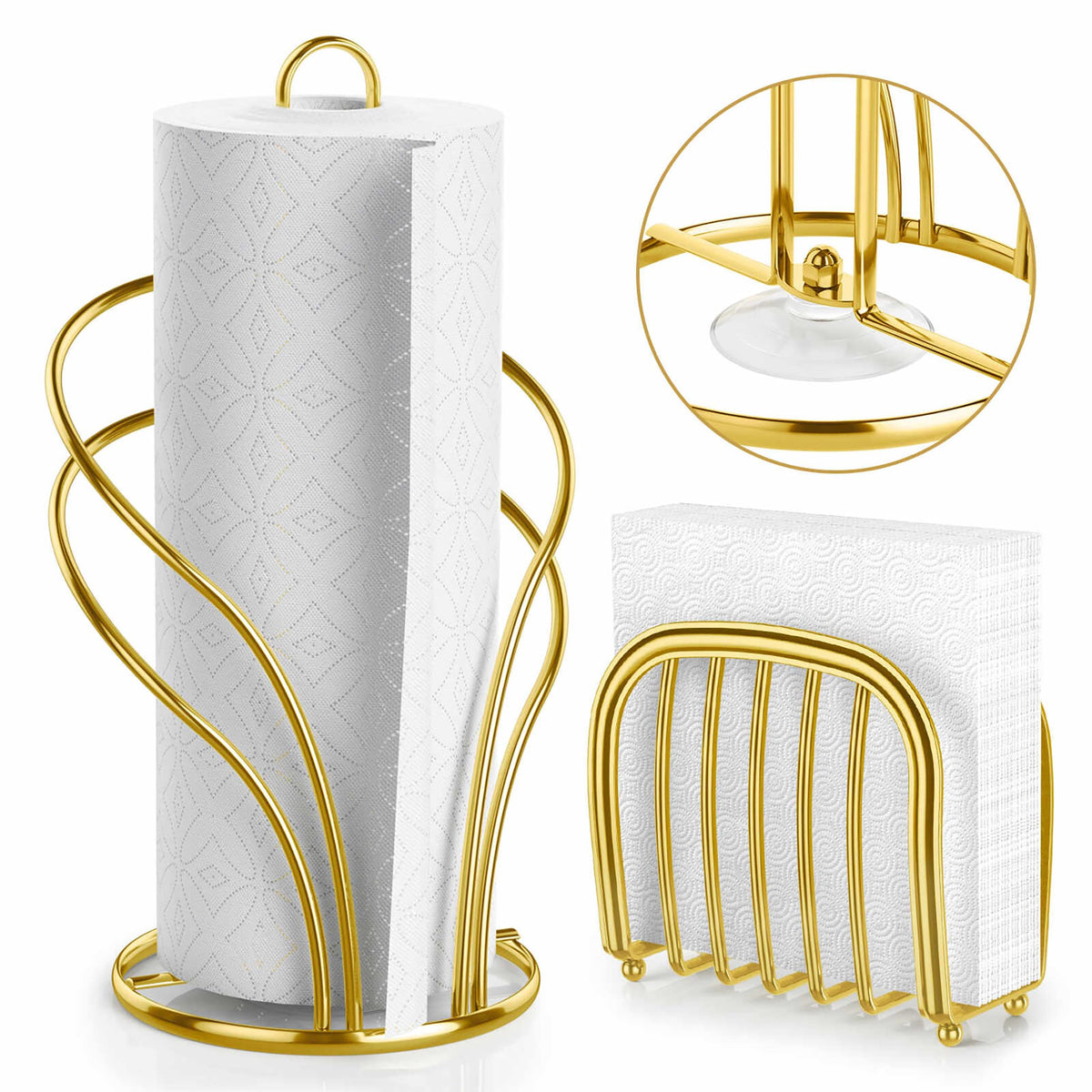 Wuwrll gold stainless steel countertop paper towel holder with one-handed tear action.
