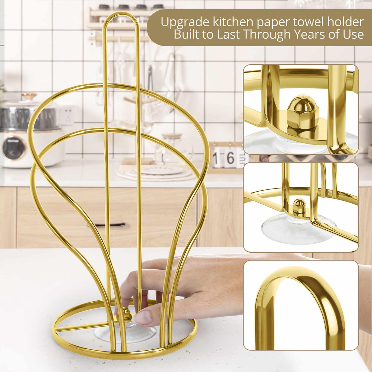 Closeup of one-handed tear mechanism on the Wuwrll gold towel holder.