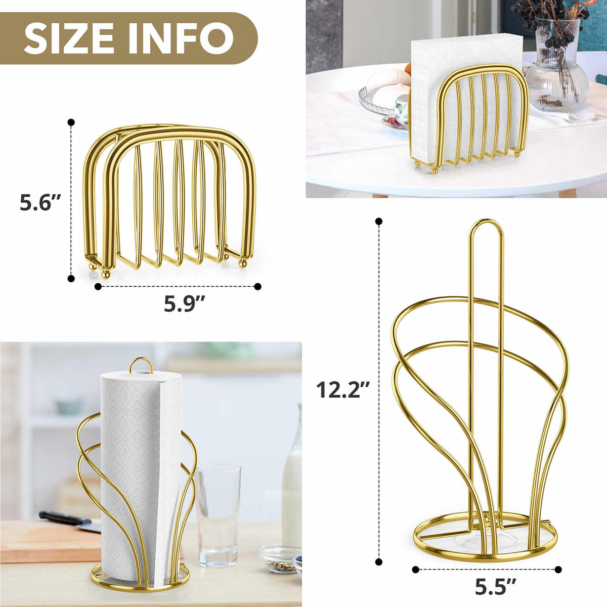 Wuwrll gold napkin holder beside towel holder on a modern kitchen counter.