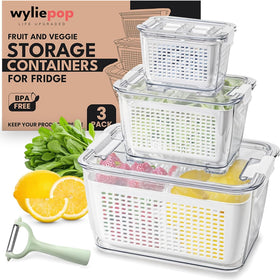 Wyliepop 3-in-1 fridge container with lid open showing built-in strainer.
