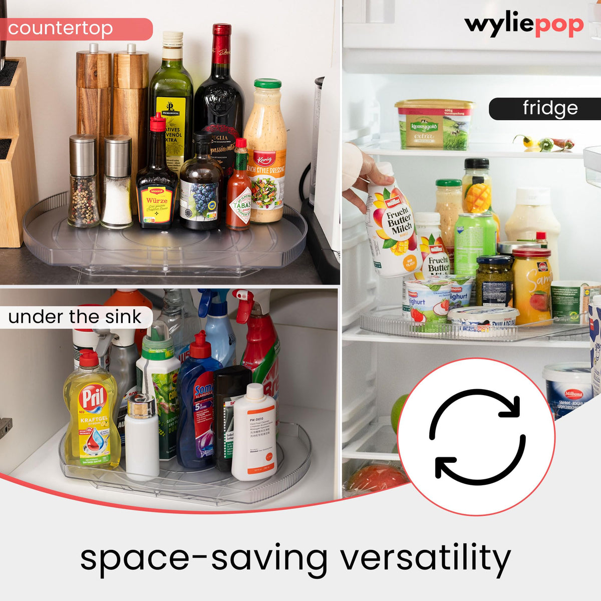 Wyliepop Lazy Susan versatile for fridge, cabinet, pantry storage.