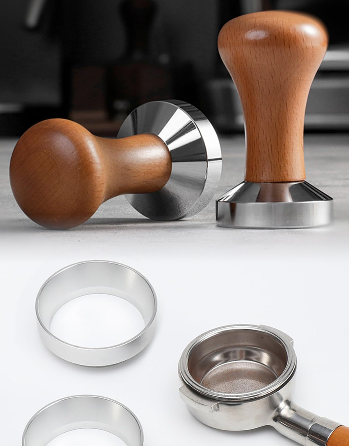 WYLOSUA dosing funnel included helps portion coffee before tamping