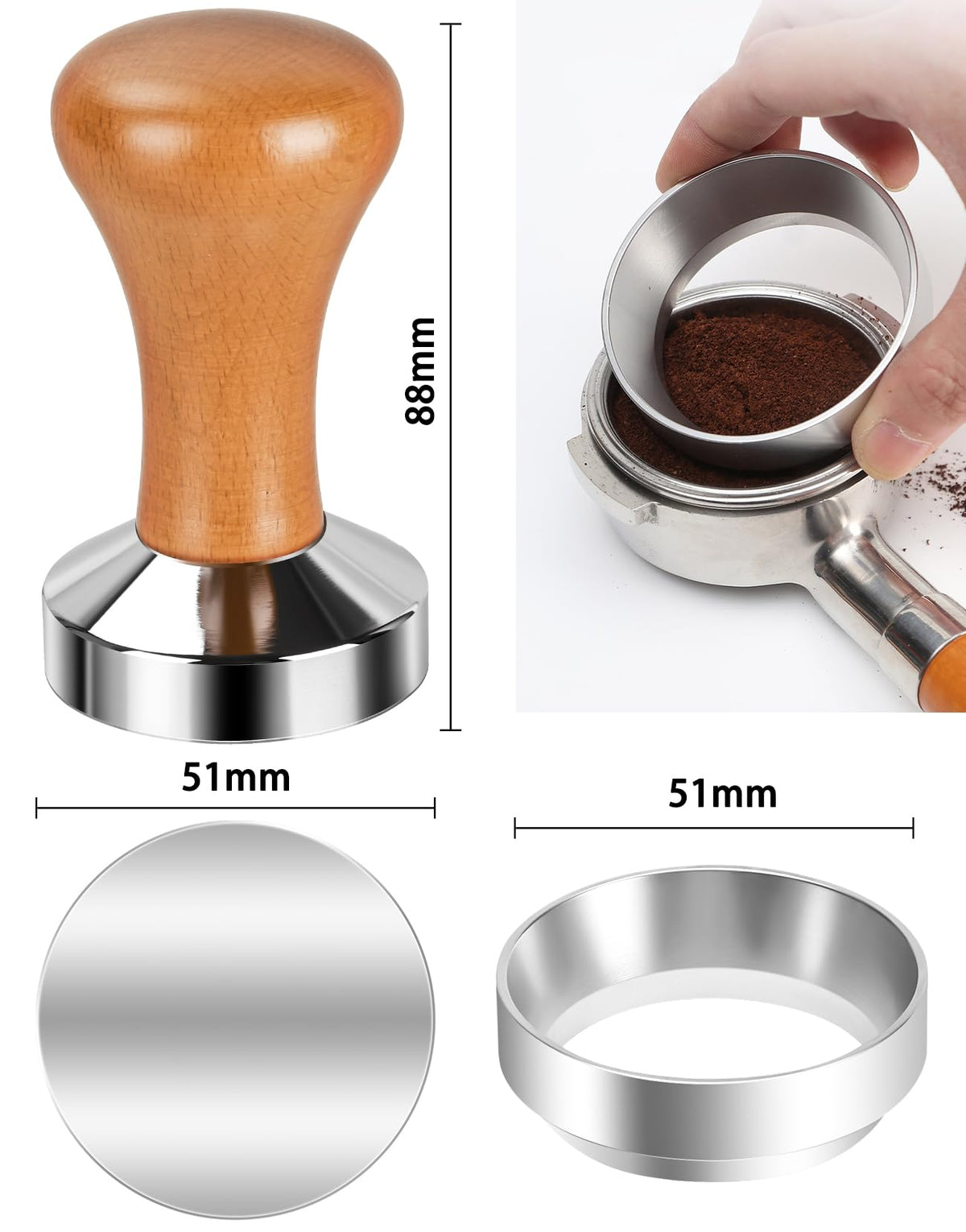 WYLOSUA ergonomic wood-handle tamper provides comfortable, precise tamping during busy mornings