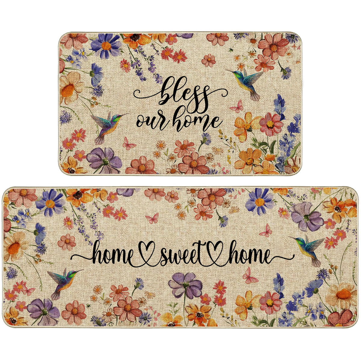 Wylumen Flower Spring kitchen mats set, front view showing two durable, decorative mats