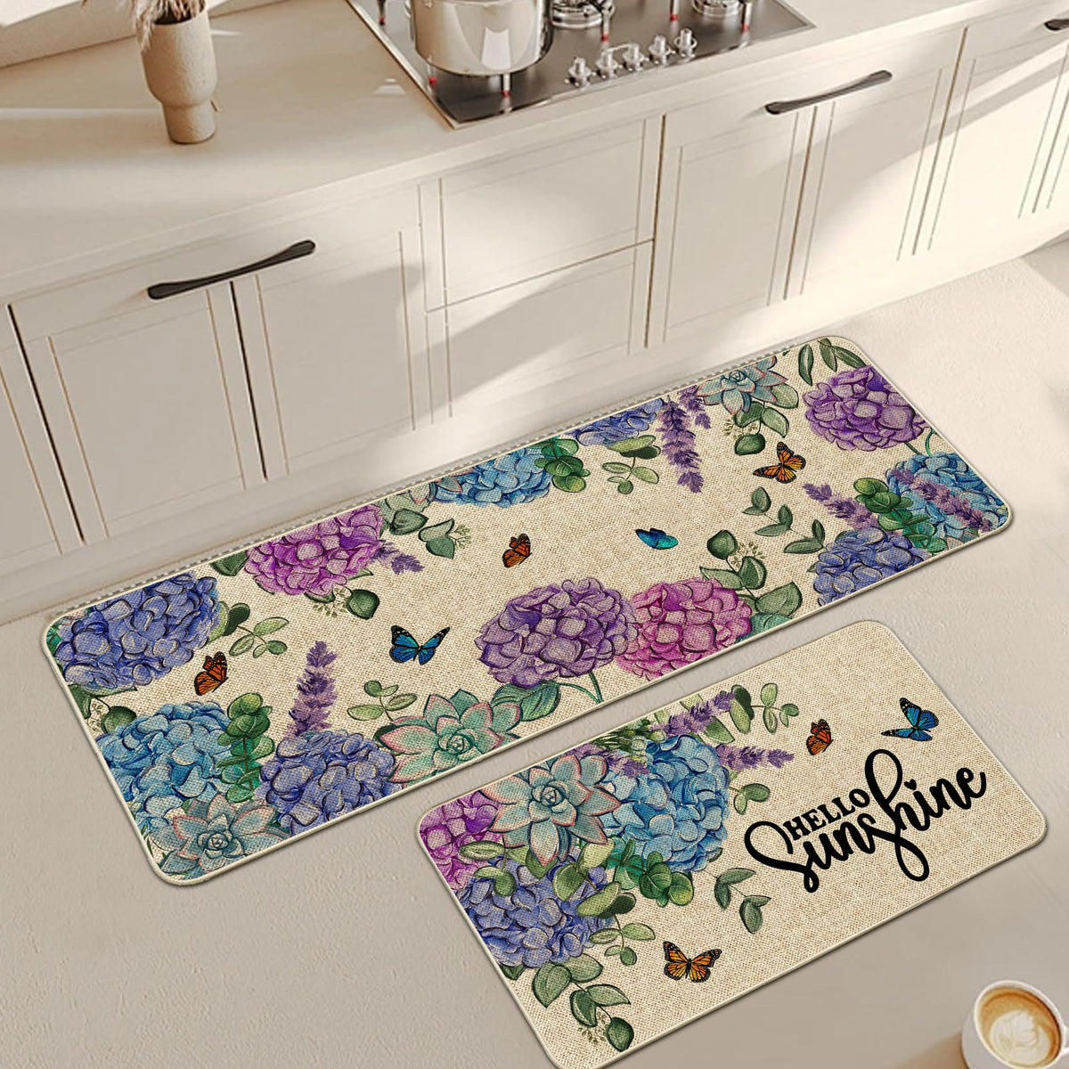 Wylumen hydrangea flowers mat brightens sink area with spring vibes