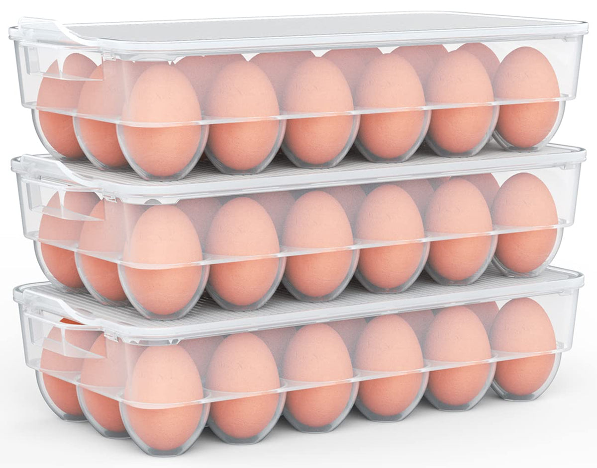 WYT clear covered egg holder 3-pack with lid enhances fridge organization and egg protection.