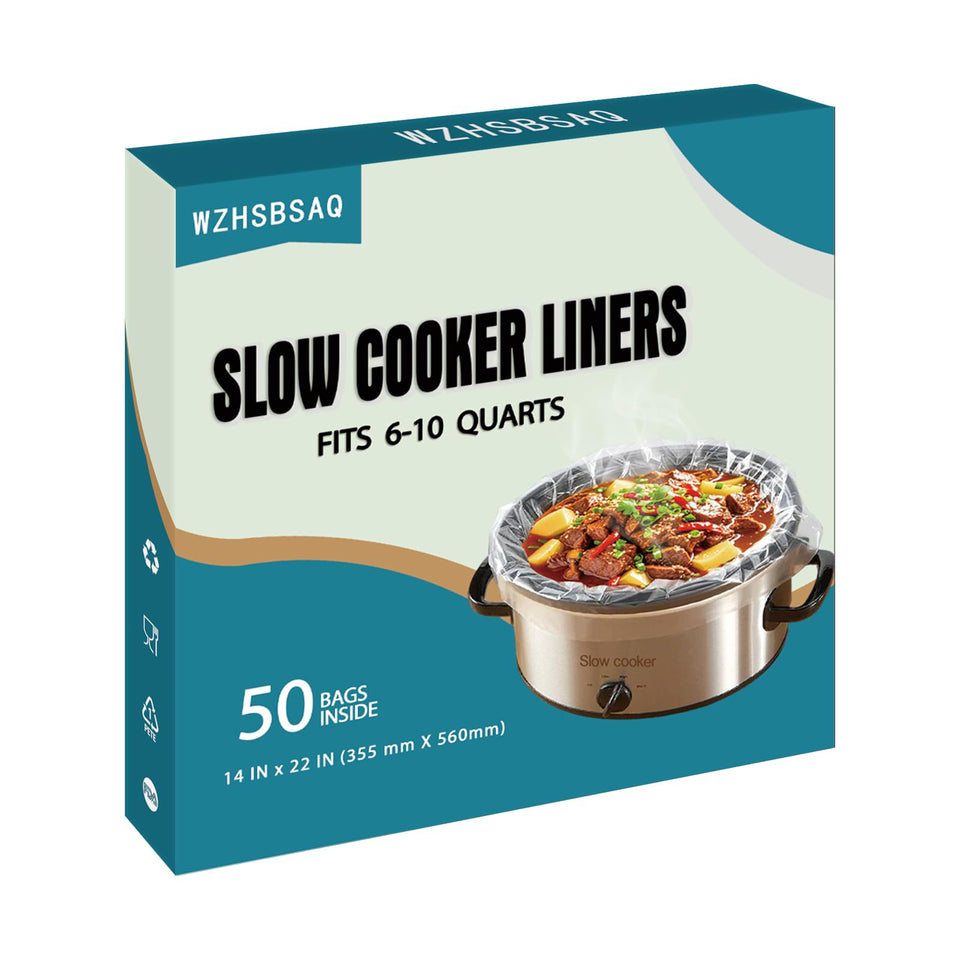 WZHSBSAQ slow cooker liners packaging, 50-count box for 6-10QT capacities.
