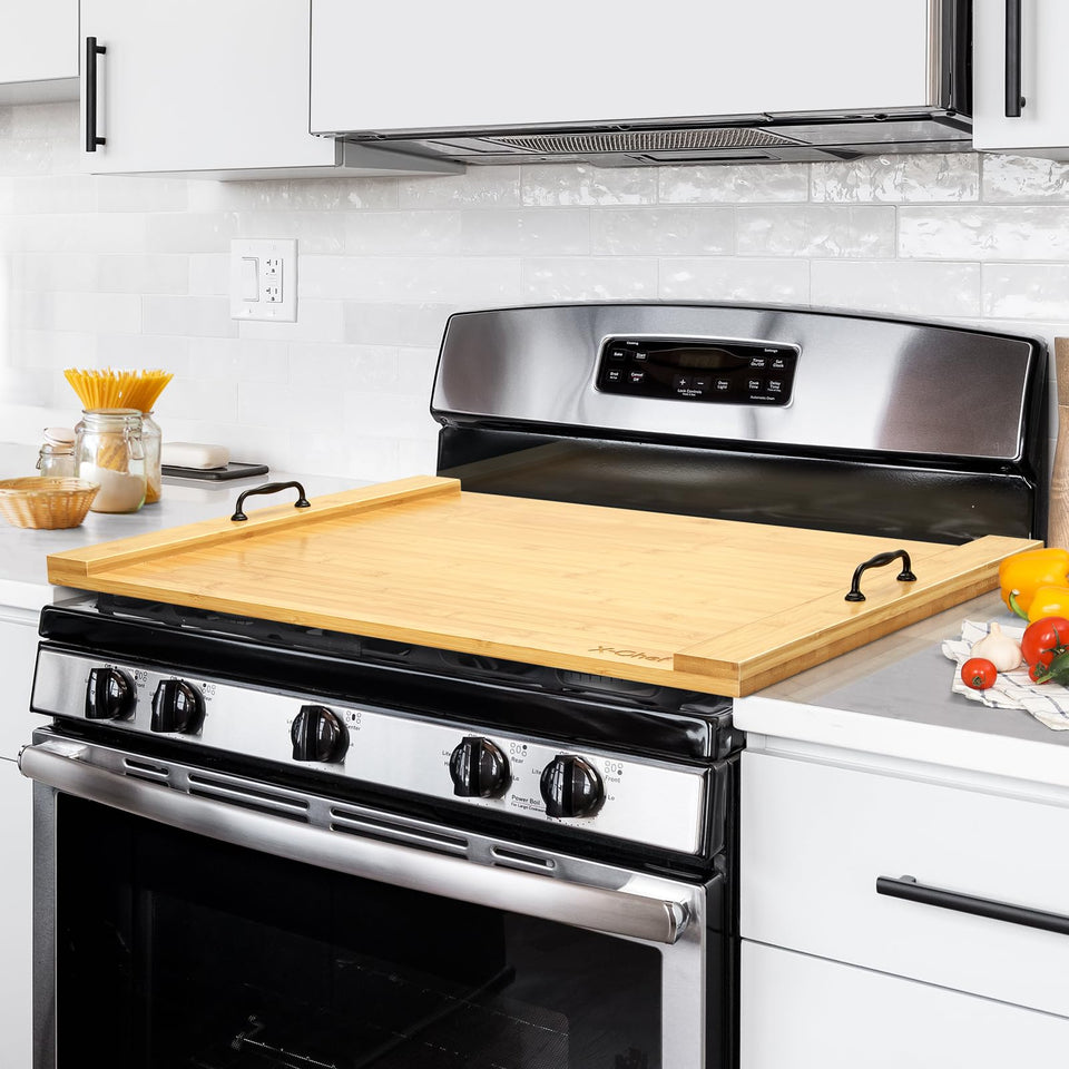 X-Chef stove top cover in bamboo provides extra prep space while protecting the stove