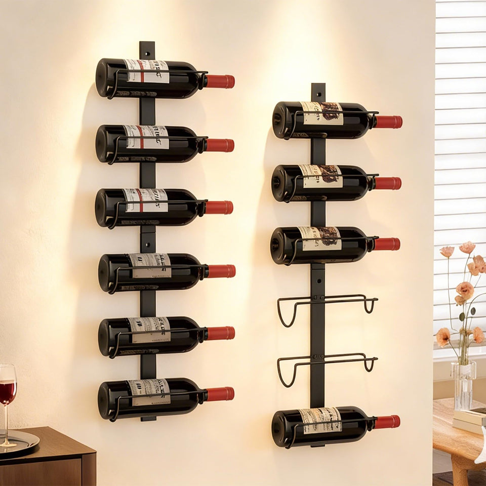 X-cosrack 12-bottle wall rack showcases wine bottles while saving kitchen space.