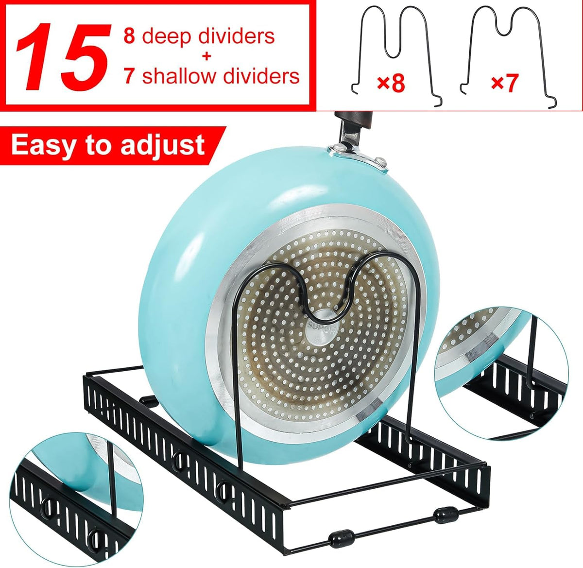 X-cosrack 15 adjustable dividers for flexible cookware storage.