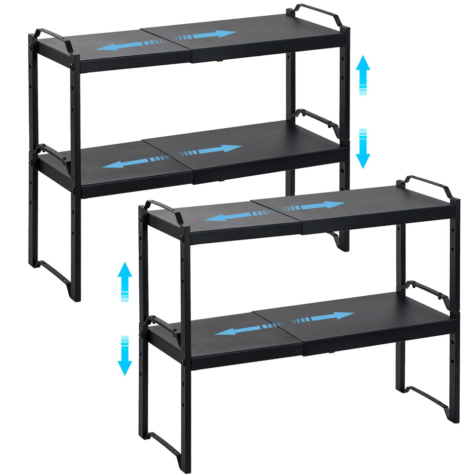 X-cosrack expandable shelf demonstrates extended length for flexible kitchen cabinet storage.