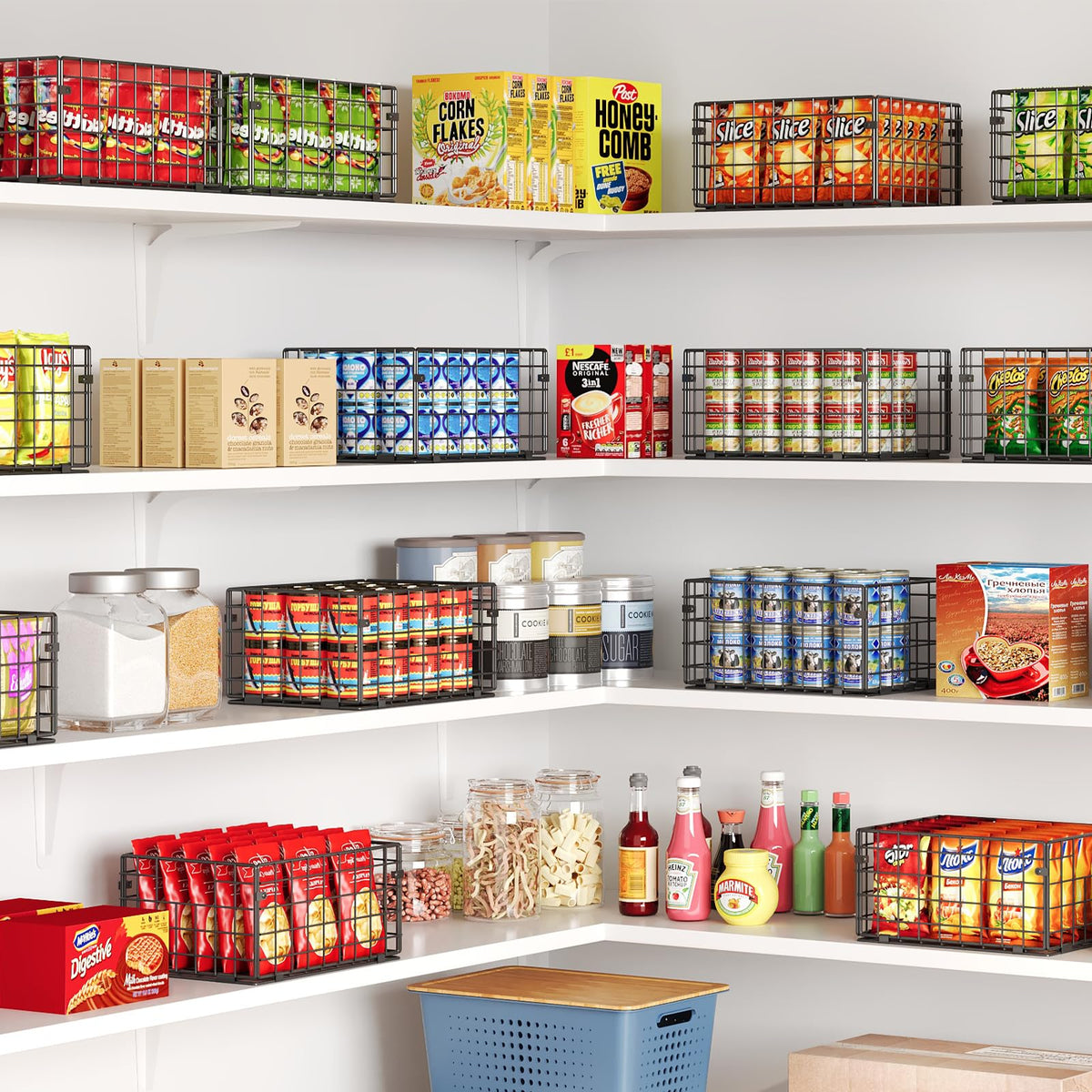 X-cosrack six-pack pantry use demonstrates organized spice and snack storage.