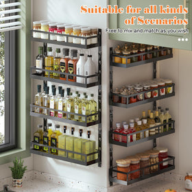 Close-up of X-cosrack adjustable-height shelves for varying jar sizes