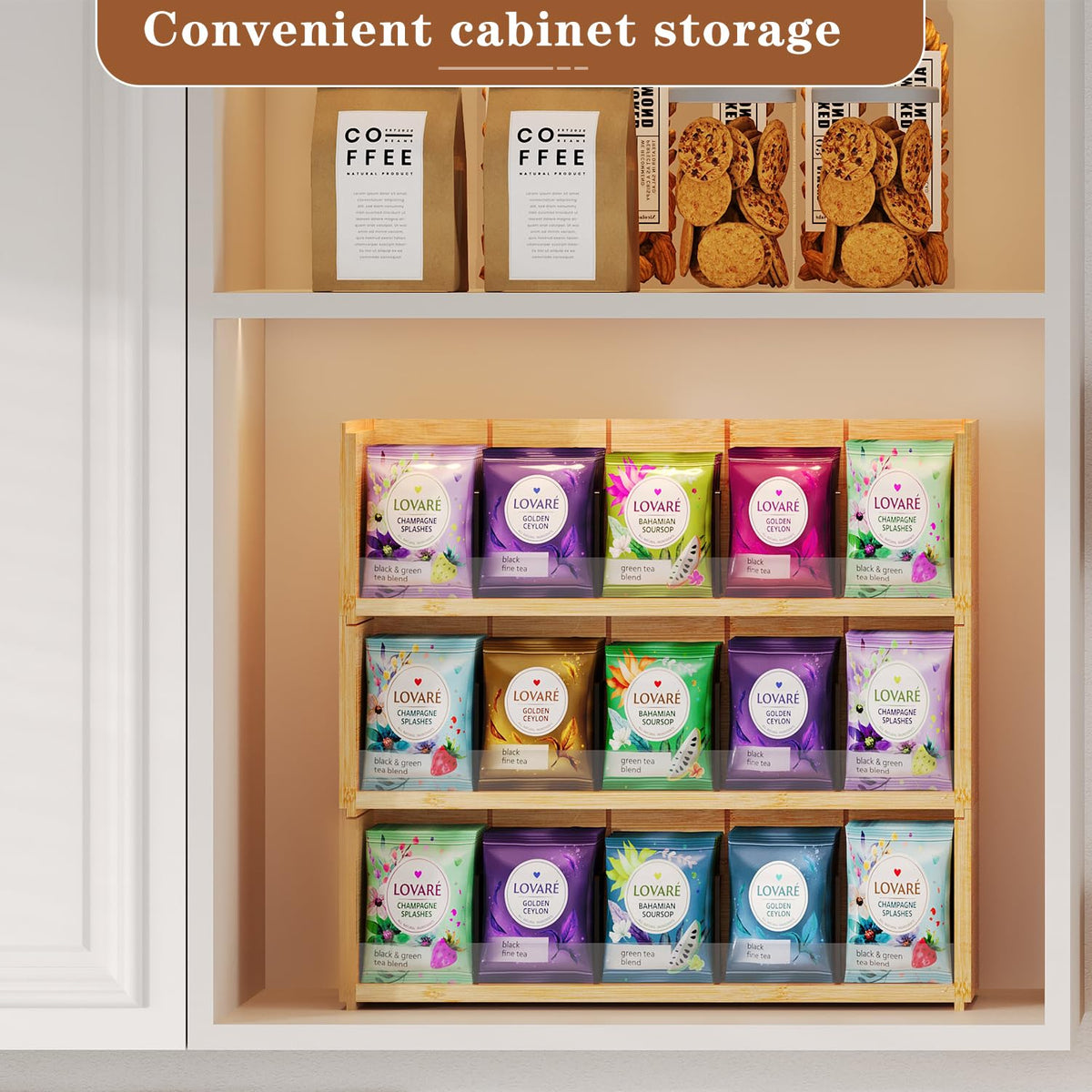 Adjustable compartments adapt to different bag sizes for flexible storage