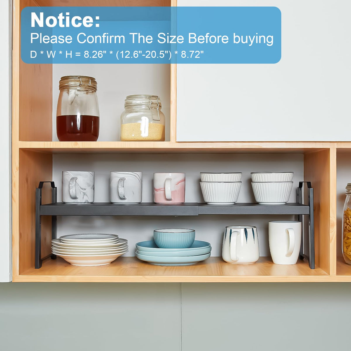 X-cosrack adjustable-height shelf demonstrates 4.5 to 7.3 inches flexibility