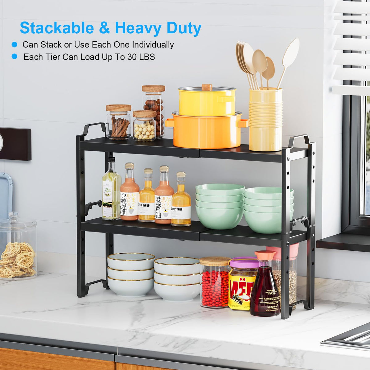 X-cosrack adjustable-height shelf supports cups and mugs with customizable height