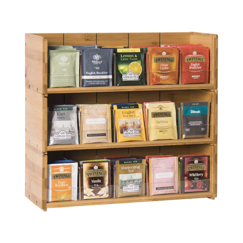 X-cosrack bamboo tea bag organizer with 3-tier viewable compartments for quick tea choice