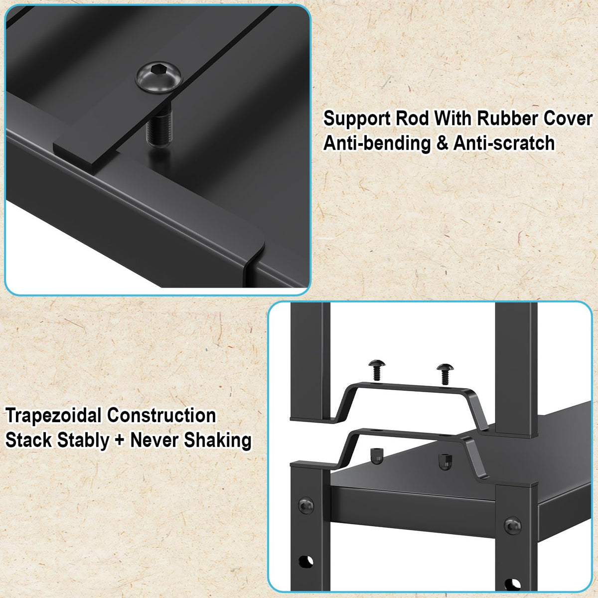 X-cosrack bottom rod with rubber cover protects shelves from scratches