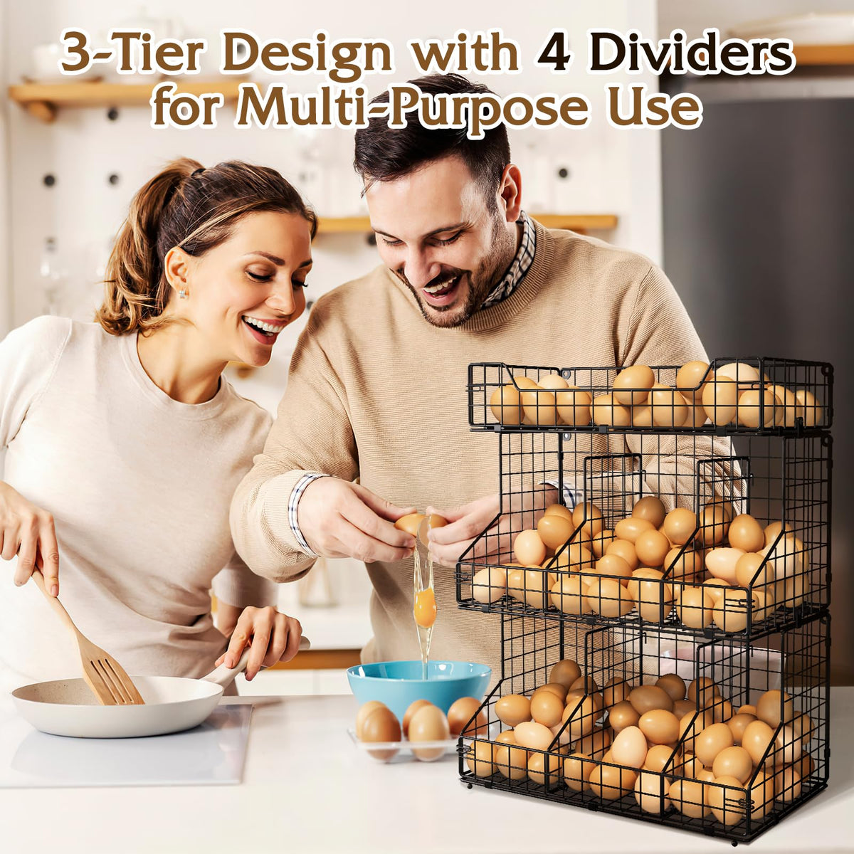 X-cosrack adjustable dividers create seven egg spaces for weekly planning.
