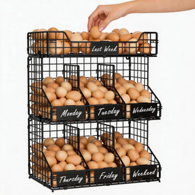 X-cosrack 3-tier egg holder stacked on countertop for organized weekly eggs.