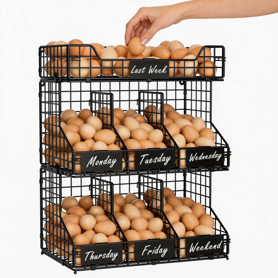 X-cosrack 3-tier egg holder stacked on countertop for organized weekly eggs.