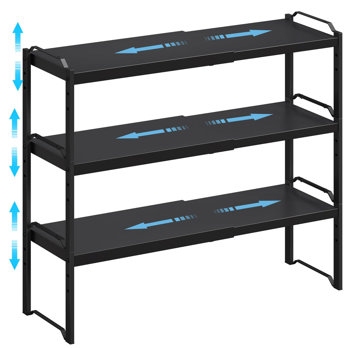 X-cosrack expandable cabinet shelf assembly demonstrates adjustable length for versatile storage.