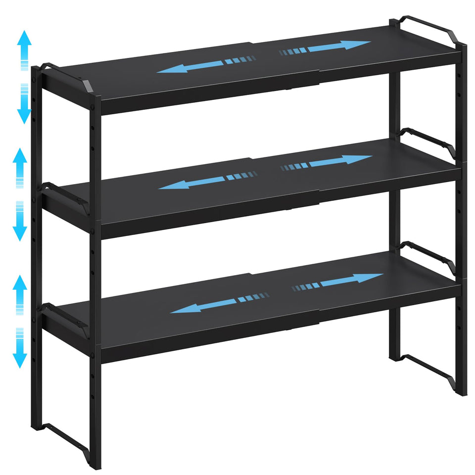 X-cosrack expandable cabinet shelf assembly demonstrates adjustable length for versatile storage.