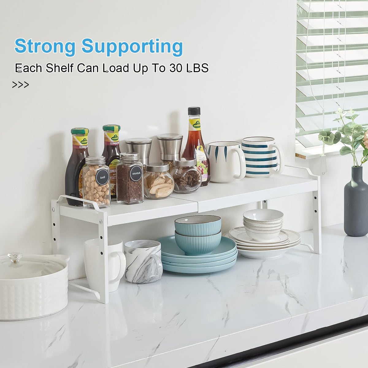 X-cosrack expandable length range emphasizes flexible fit for countertops and cabinets.