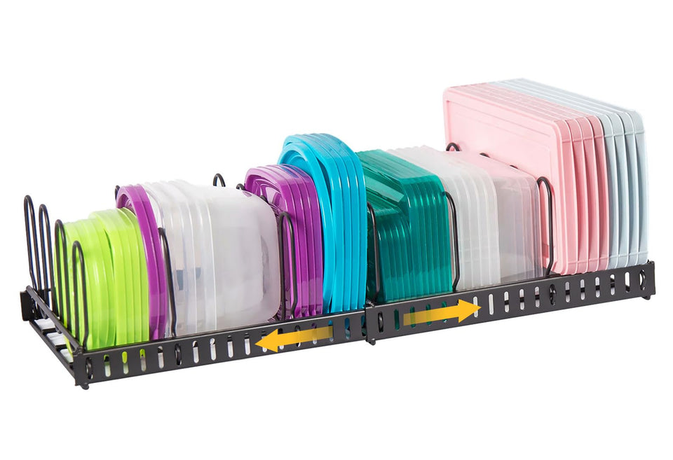X-cosrack expandable lid organizer in black keeps cabinet lids organized and accessible.