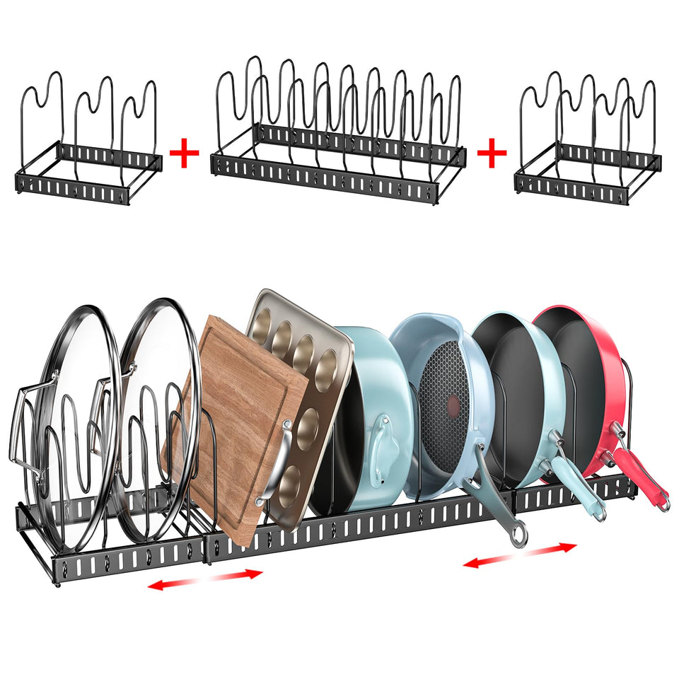 X-cosrack expandable pots and pans rack for customizable cabinet storage.