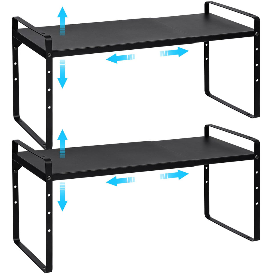X-cosrack expandable shelf with adjustable length for flexible kitchen storage.