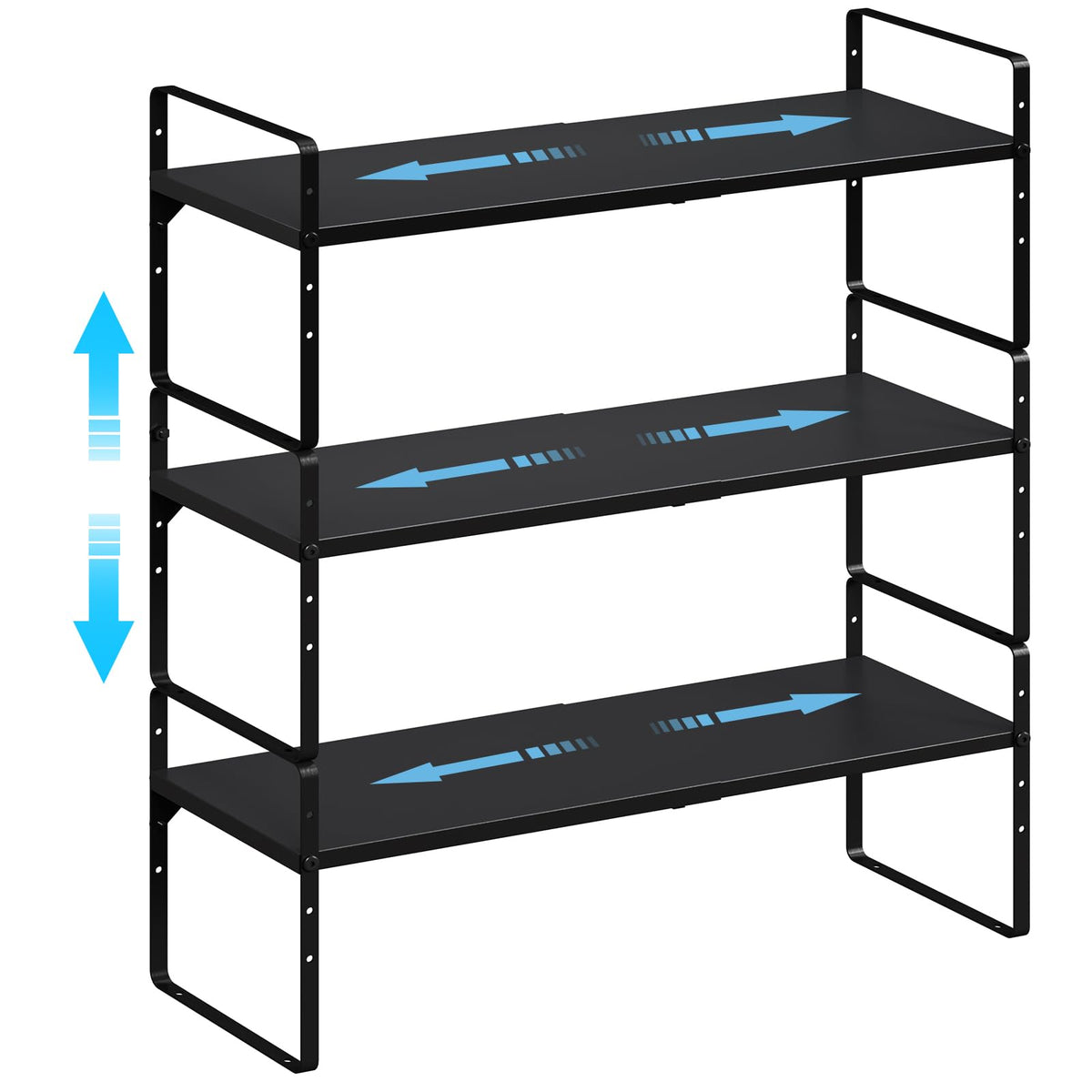 X-cosrack expandable shelf extends from 15.5 to 25.5 inches for flexible storage.