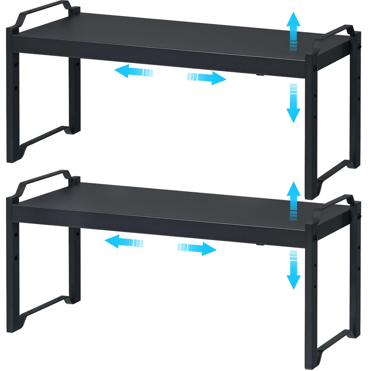 X-cosrack expandable shelves extended to fit wider cabinets for flexible storage.