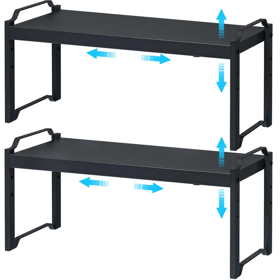 X-cosrack expandable shelves extended to fit wider cabinets for flexible storage.