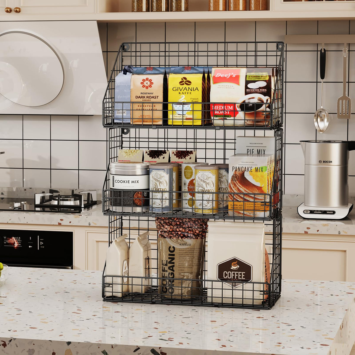 X-cosrack foldable basket with five hooks for versatile hanging storage.