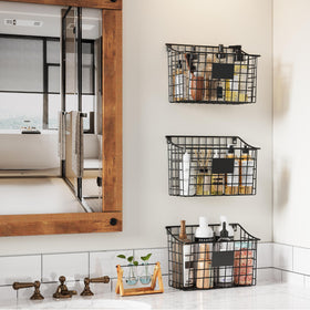 X-cosrack foldable wire basket with hooks keeps countertop tidy.