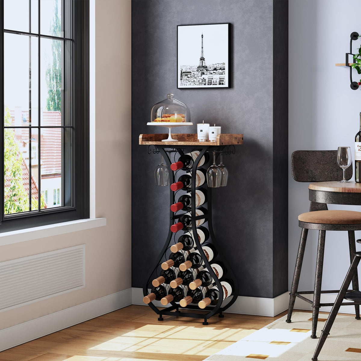X-cosrack corner-friendly stand saves floor space while keeping bottles within reach