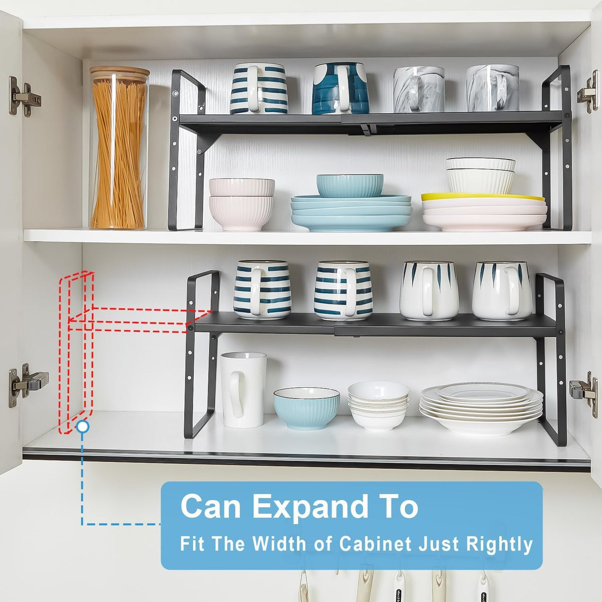 X-cosrack kitchen cupboard organizer keeps dishware neatly arranged.