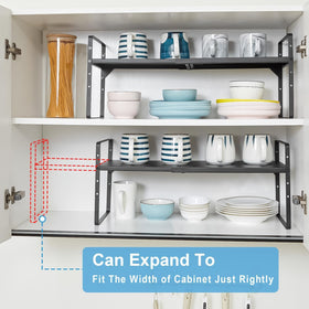 X-cosrack kitchen cupboard organizer keeps dishware neatly arranged.