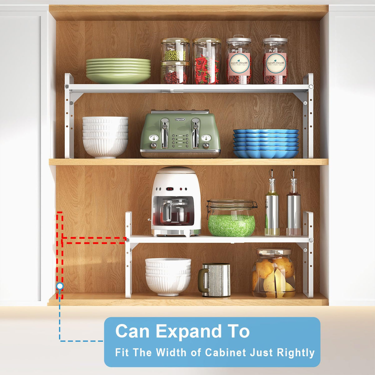 X-cosrack kitchen organizer with mugs and jars neatly arranged