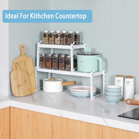 X-cosrack pantry cans and spices organized neatly with stackable shelves.