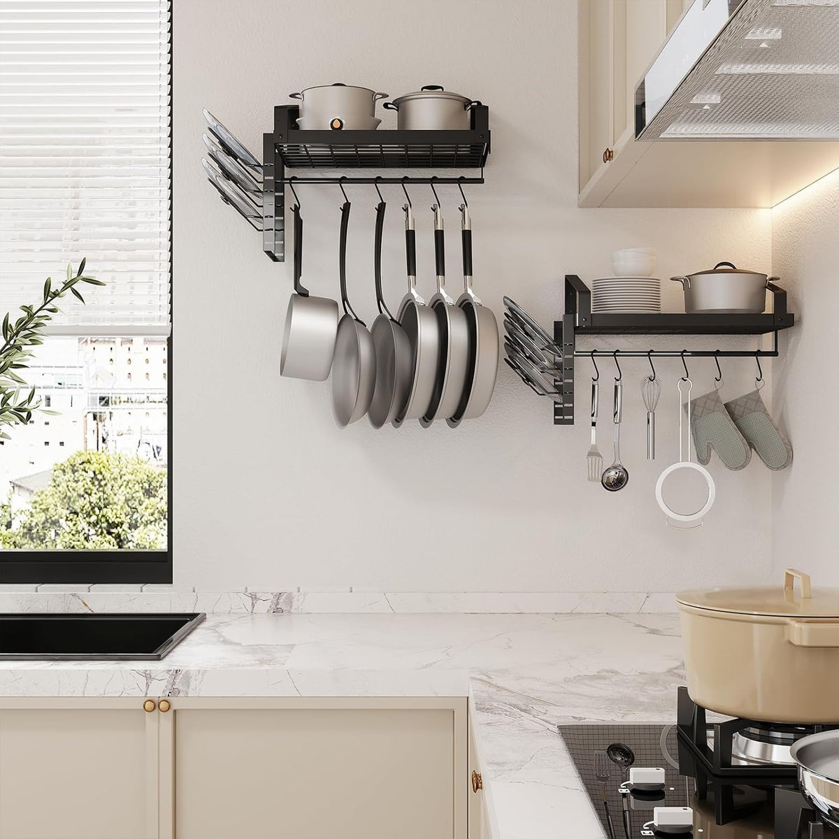 X-cosrack pot lid rack holds eight lids, freeing cabinets.