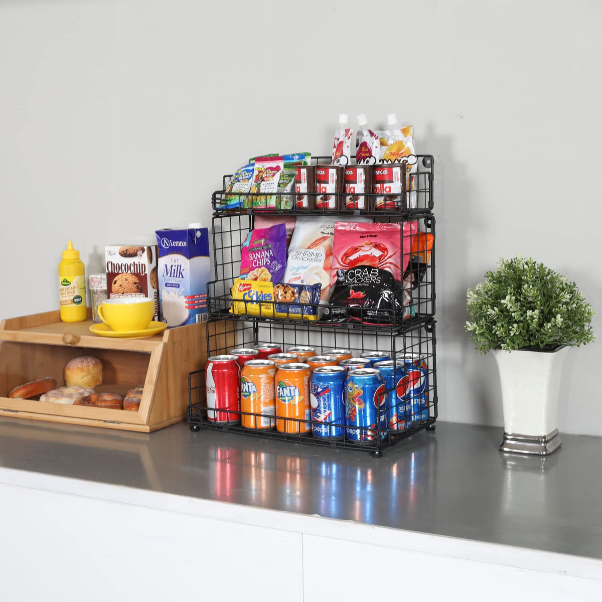 X-cosrack wall-mounted 3-tier basket setup for versatile pantry storage.