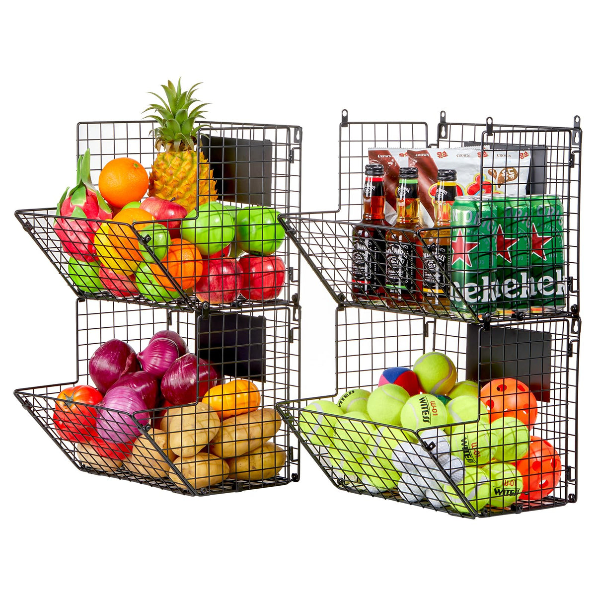 X-cosrack black metal wire basket complements modern kitchen decor.