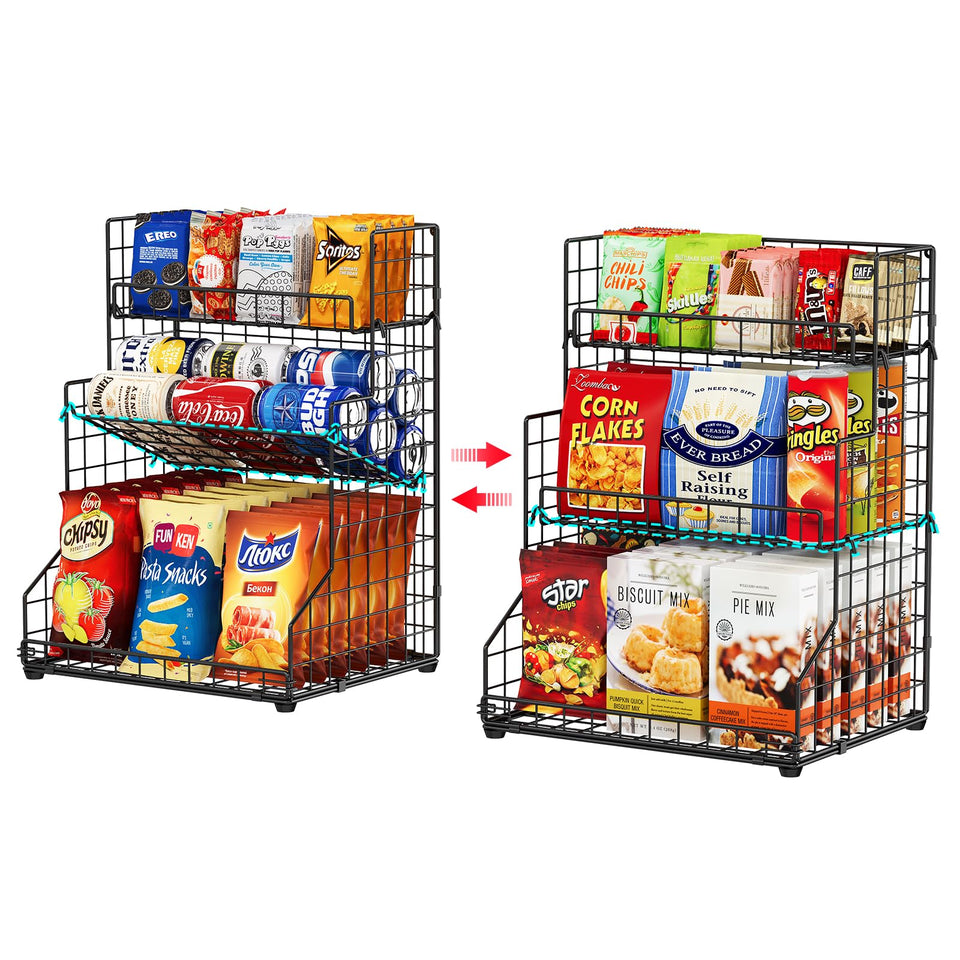 X-cosrack tilted 3-tier snack rack showing easy bottle access for pantry use.